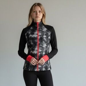 Mondetta camo jacquard  full zip jacket high collar extended cuff thumbhole sz S